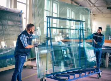 mężczyźni transportują szkło na stojaku