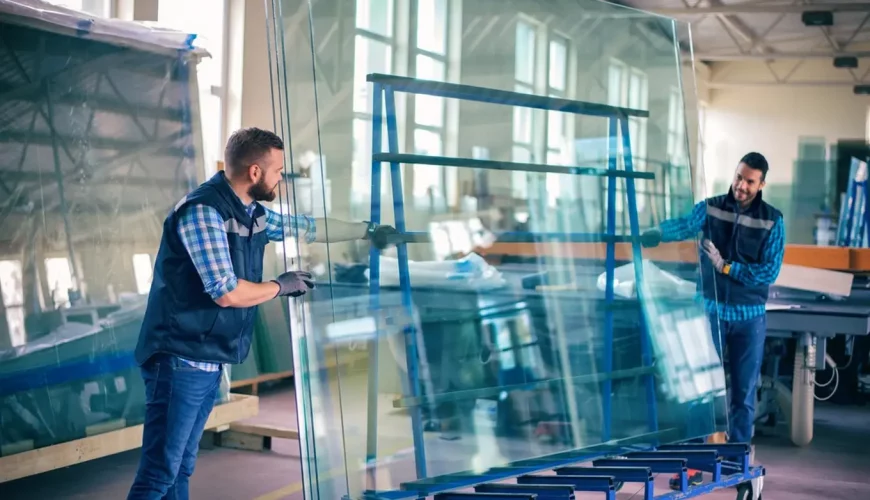 mężczyźni transportują szkło na stojaku